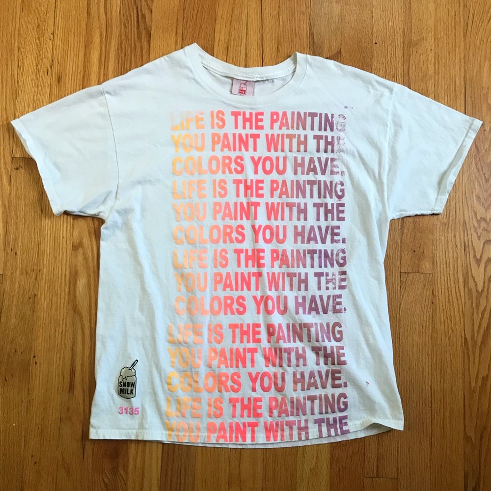 Snow Milk White Short Sleeve Graphic Tee Multicolor Paint Graphic Large